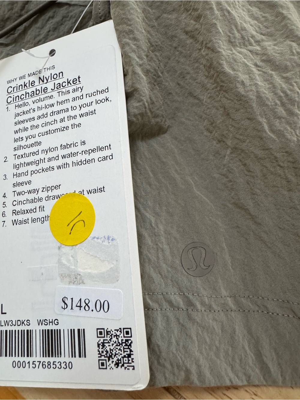 NWT Lululemon Crinkle Nylon Cinchable Jacket Warm Ash Grey Size L - Picture 5 of 9